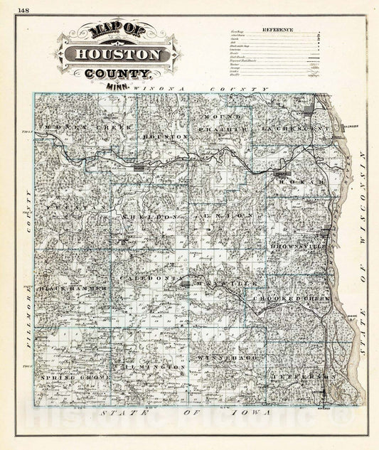 Historic Map : 1874 Map of Houston County, Minn. - Vintage Wall Art