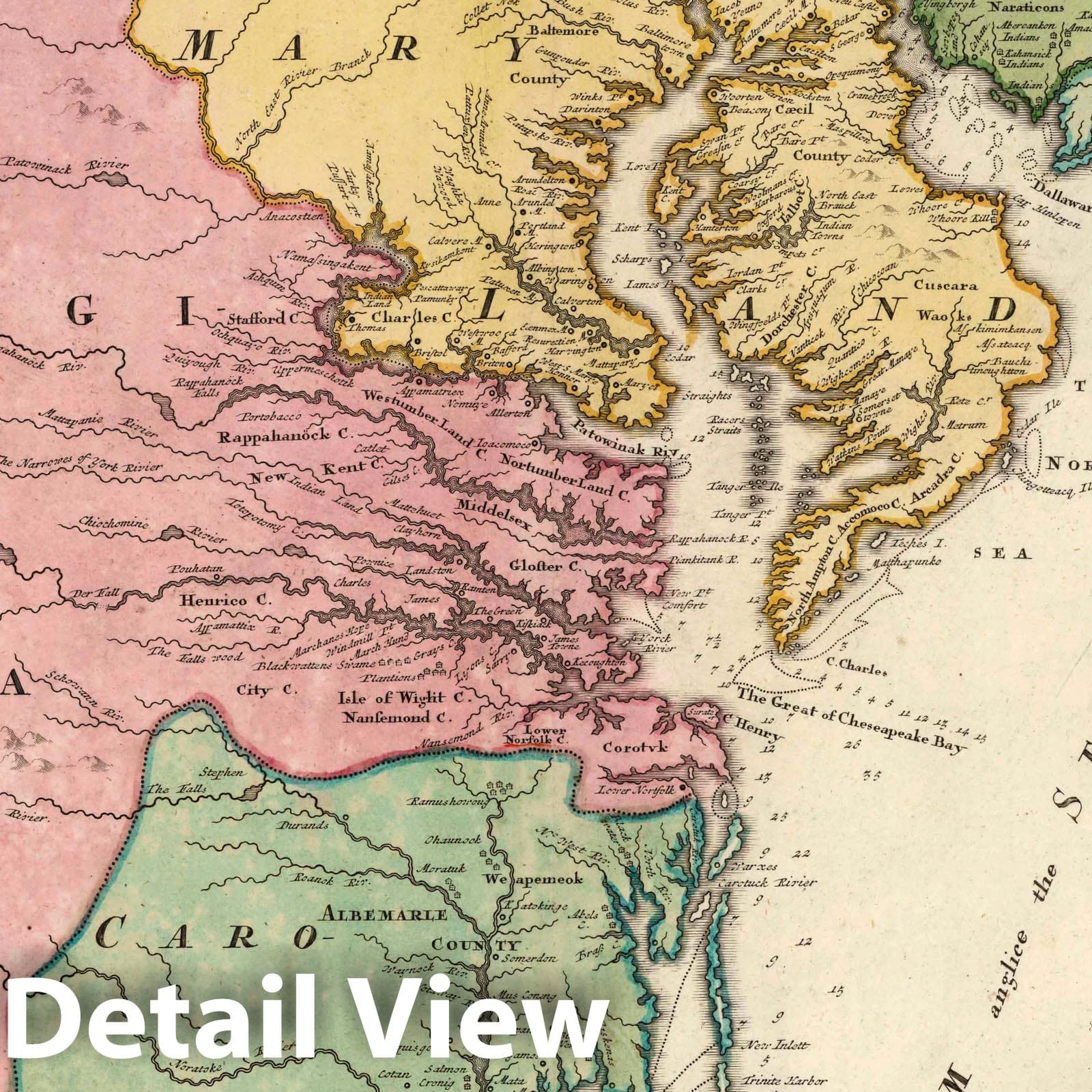 Virginia, Maryland, and Carolina, 1720 - Historical Map Print