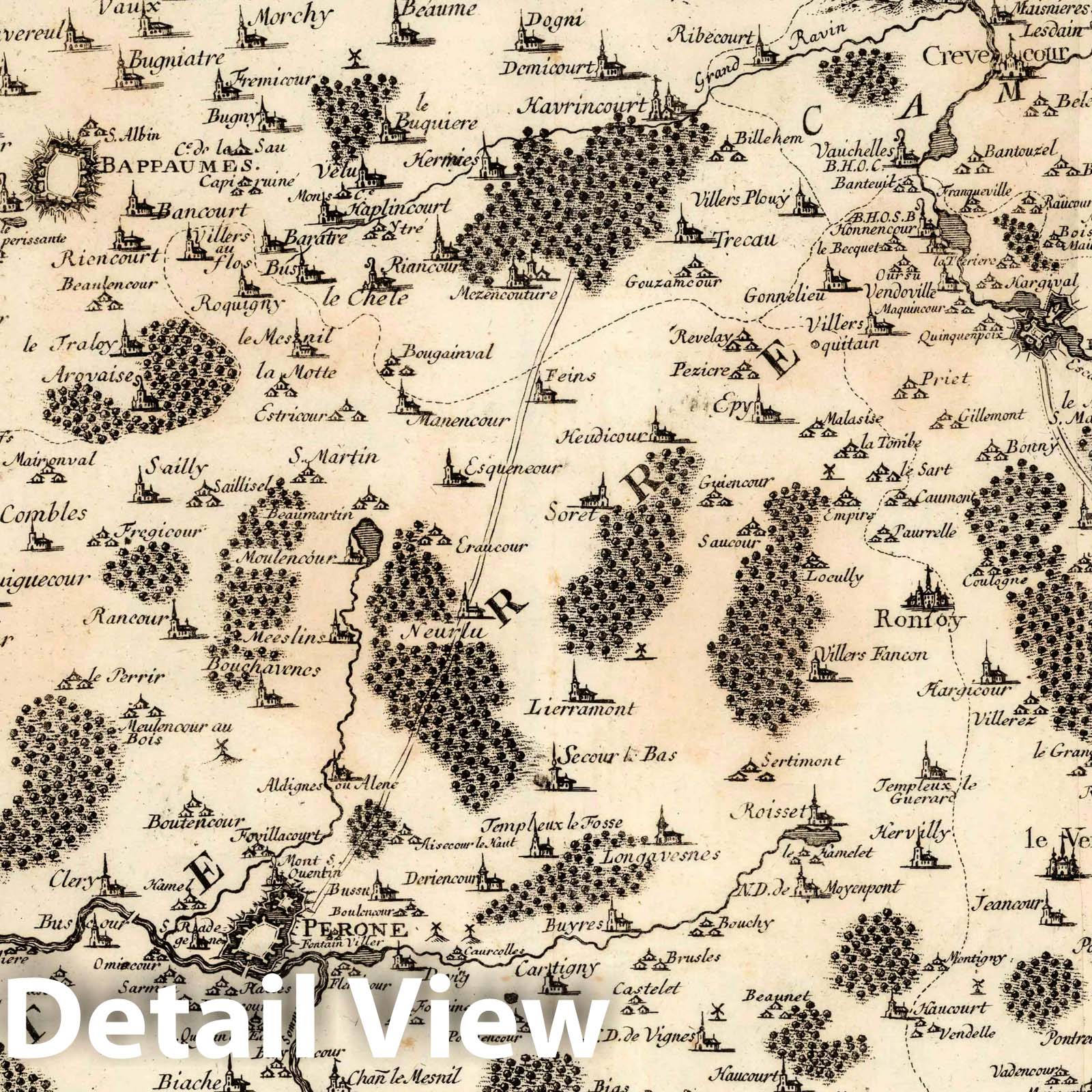 Historic Map : France, 1710 21. Carte particuliere des environs de Cambray, Bappaumes, St. Quentin, Perone, c. 1710. , Vintage Wall Art