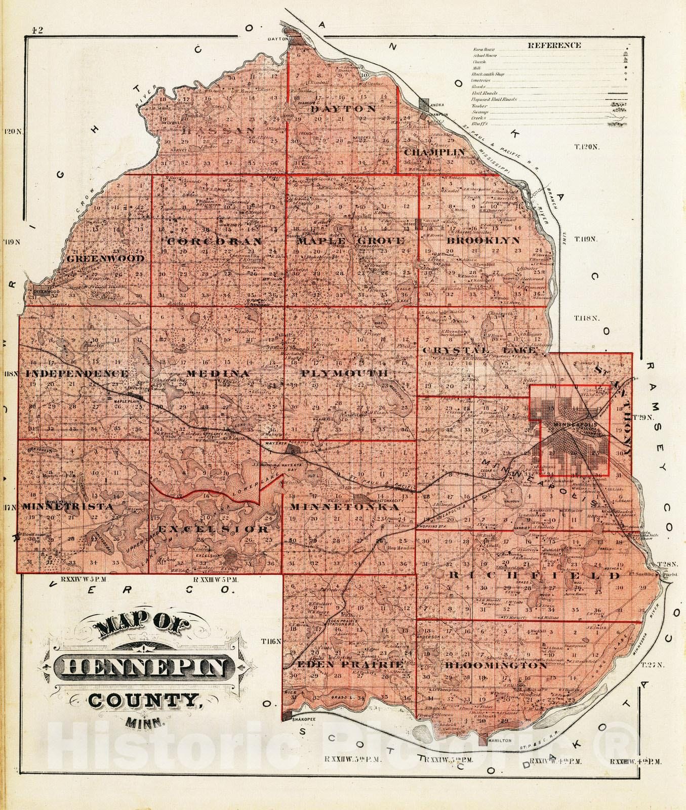 Historic Wall Map : 1874 Map of Hennepin County, Minn. - Vintage Wall Art