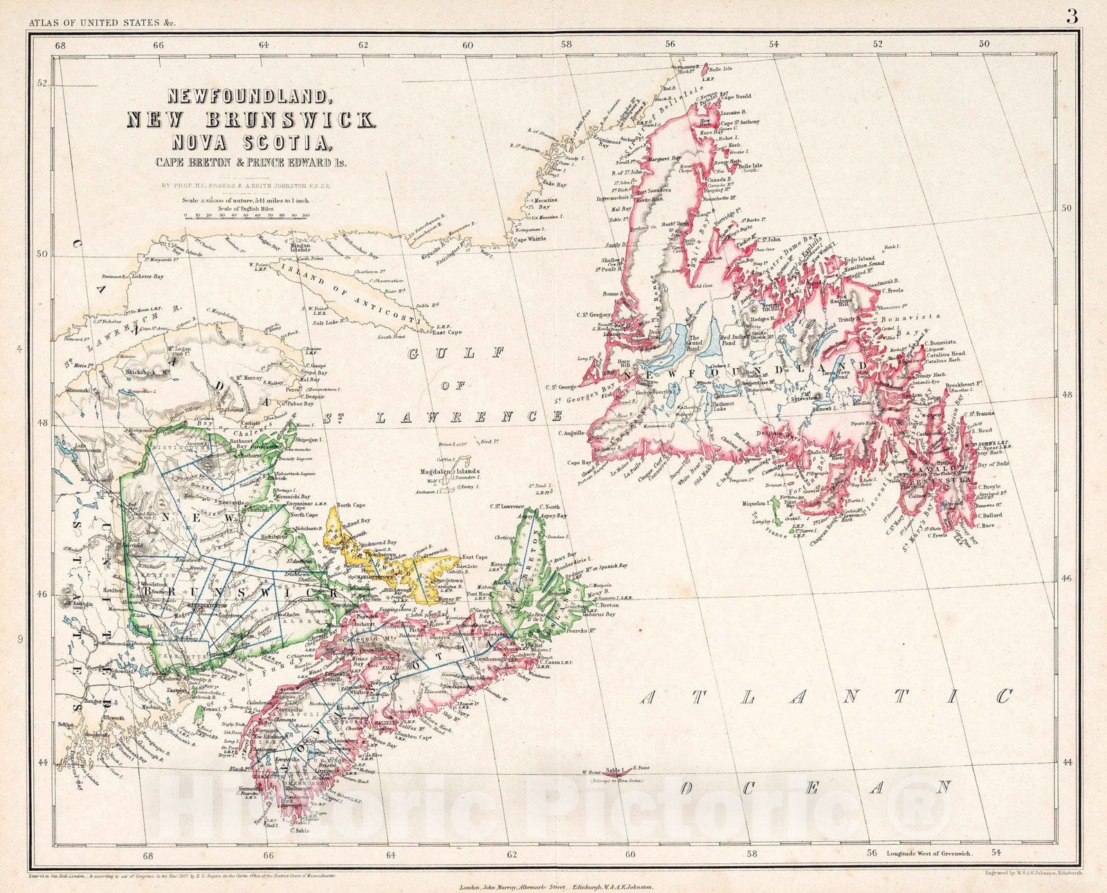 Historic Map : National Atlas - 1857 Newfoundland, New Brunswick, Nova Scotia, Cape Breton & Prince Edward Is. - Vintage Wall Art