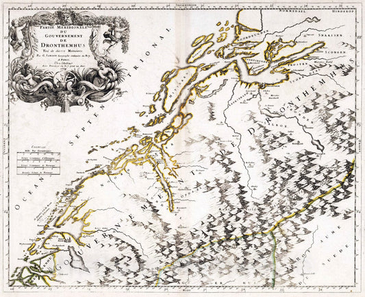 Historic Wall Map : 1668 Southern Part of Dronthemhus, Norway. - Vintage Wall Art