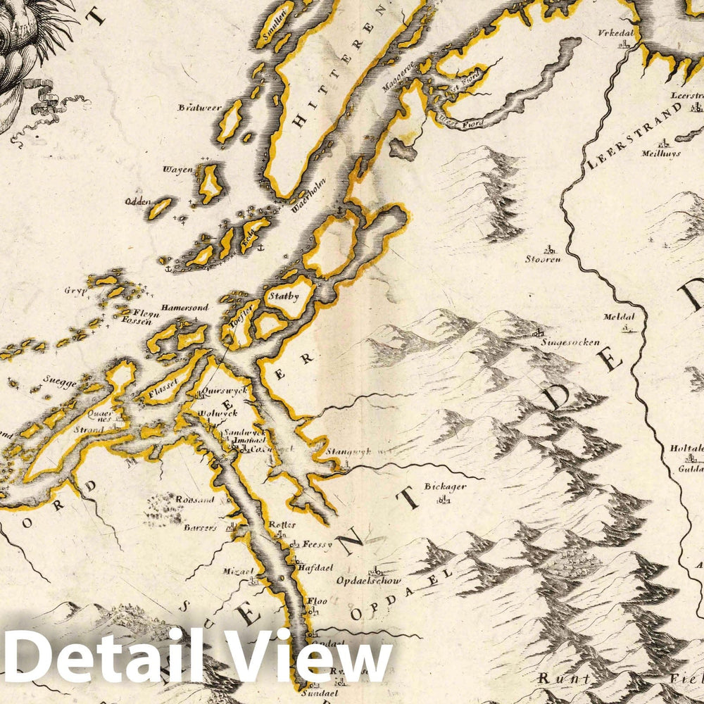 Historic Wall Map : 1668 Southern Part of Dronthemhus, Norway. - Vintage Wall Art