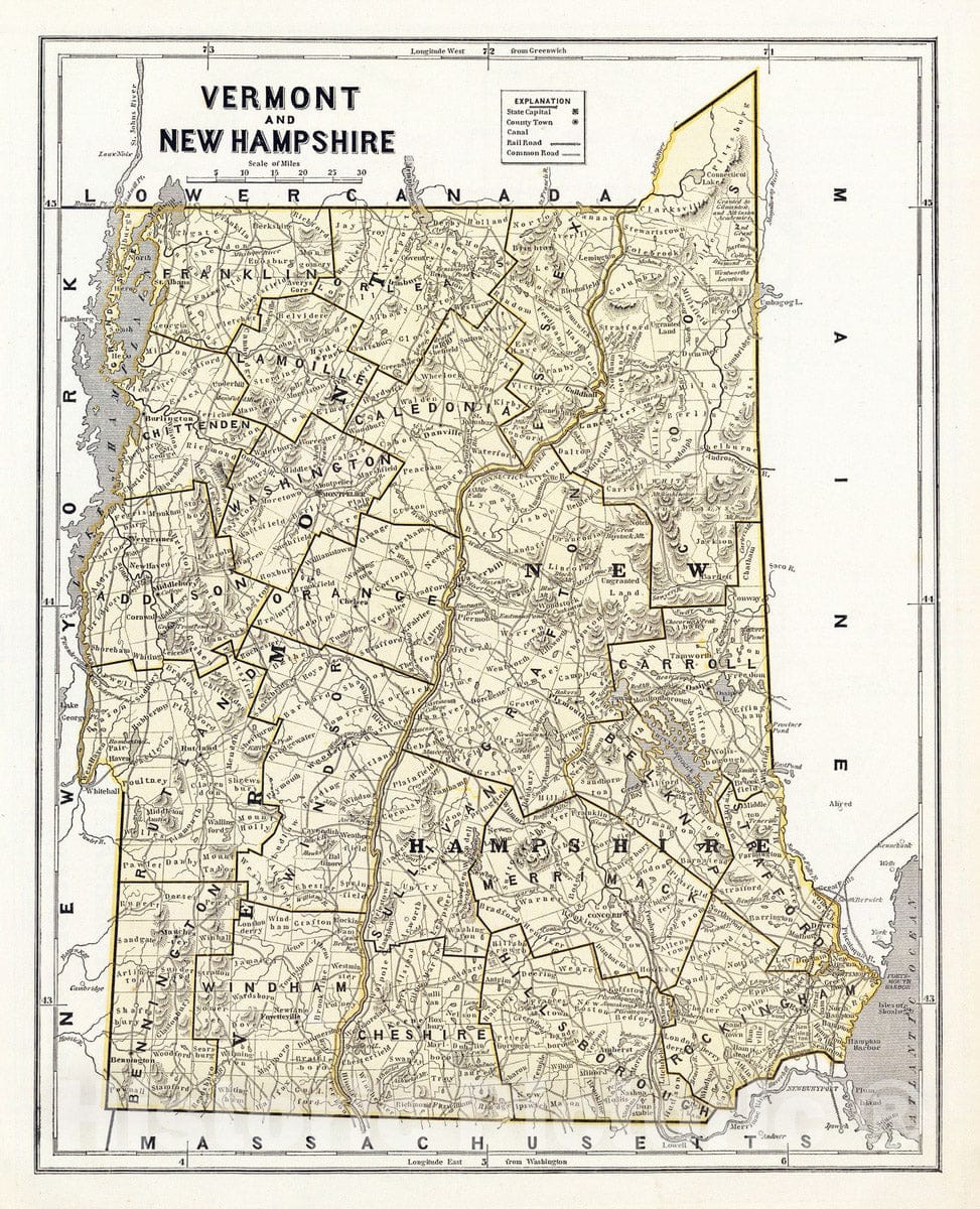 Historic Map : National Atlas - 1845 Vermont, N.H. - Vintage Wall Art