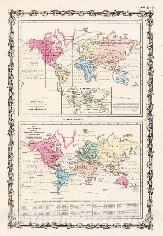 Historic Map : 1860 Map of The World Showing, The Animal Kingdom, Commerce And Navigation. - Vintage Wall Art