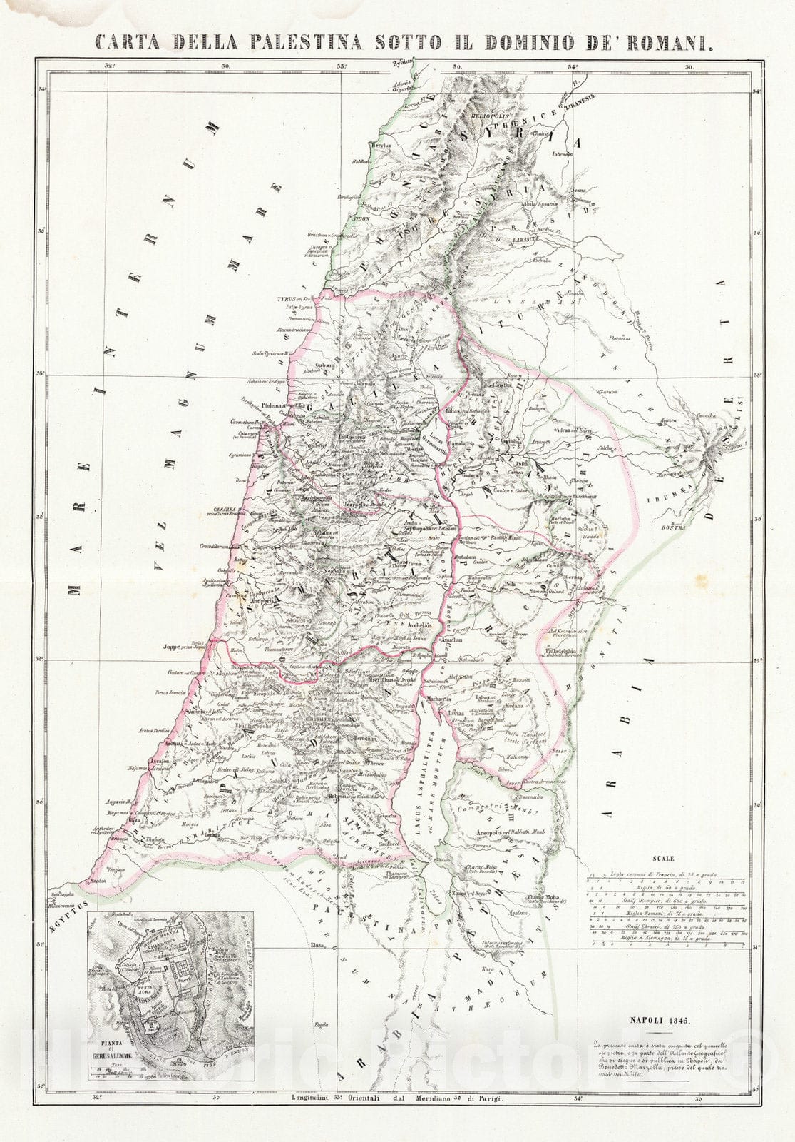Historic Map : Israel; Jordan , Jerusalem, 1846 Carta della Palestina sotto il dominio de' Romani. , Vintage Wall Art