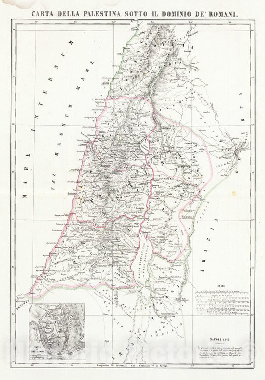 Historic Map : Israel; Jordan , Jerusalem, 1846 Carta della Palestina sotto il dominio de' Romani. , Vintage Wall Art