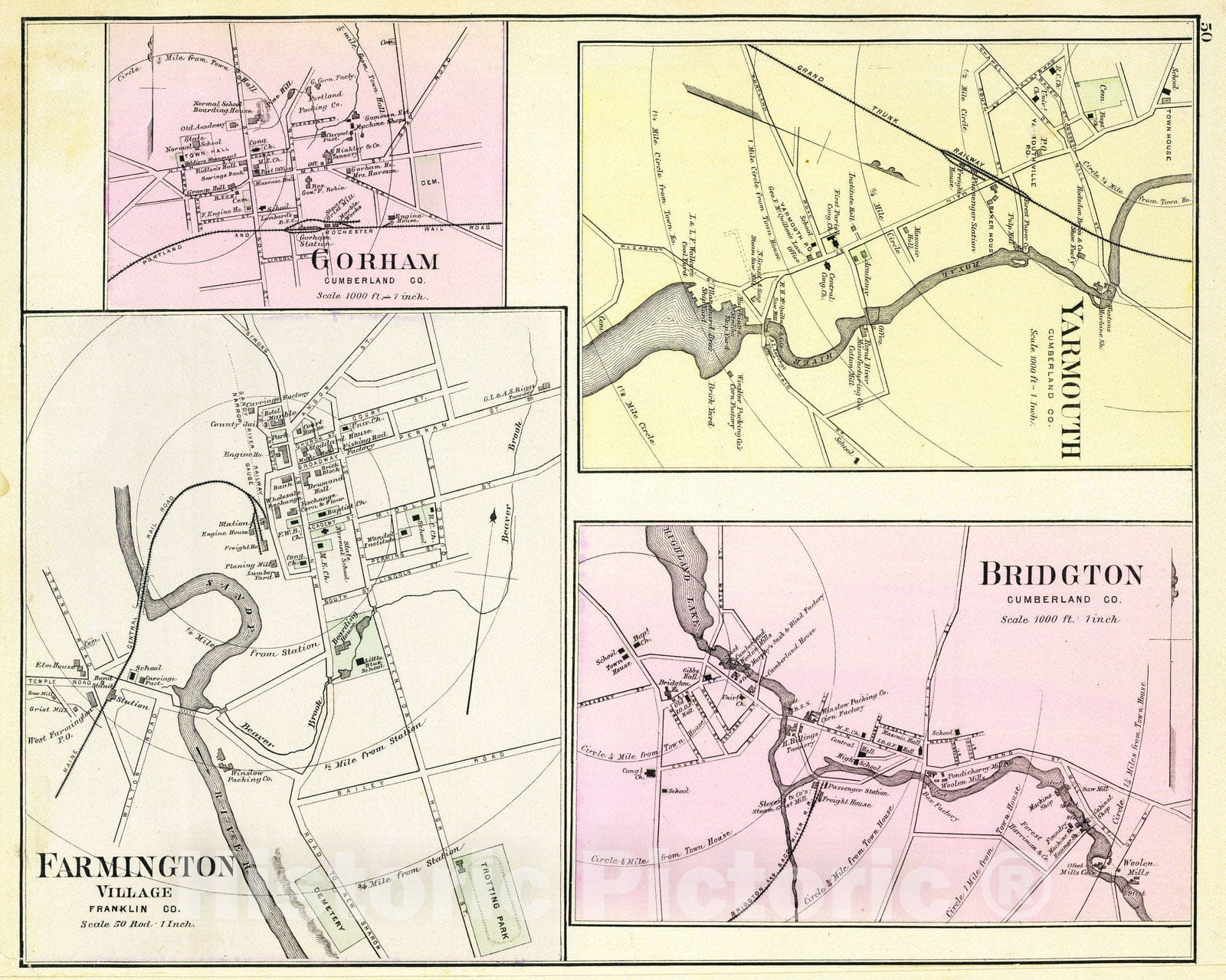 Historic Map : 1885 Farmington, Gorham, Yarmouth, Bridgton. - Vintage Wall Art