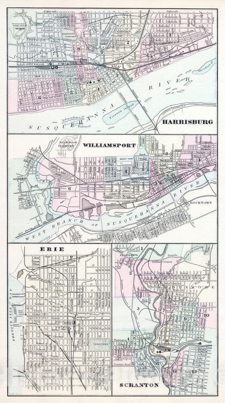 Historic Map : 1886 Harrisburg, Williamsport, Erie, Scranton. - Vintage Wall Art
