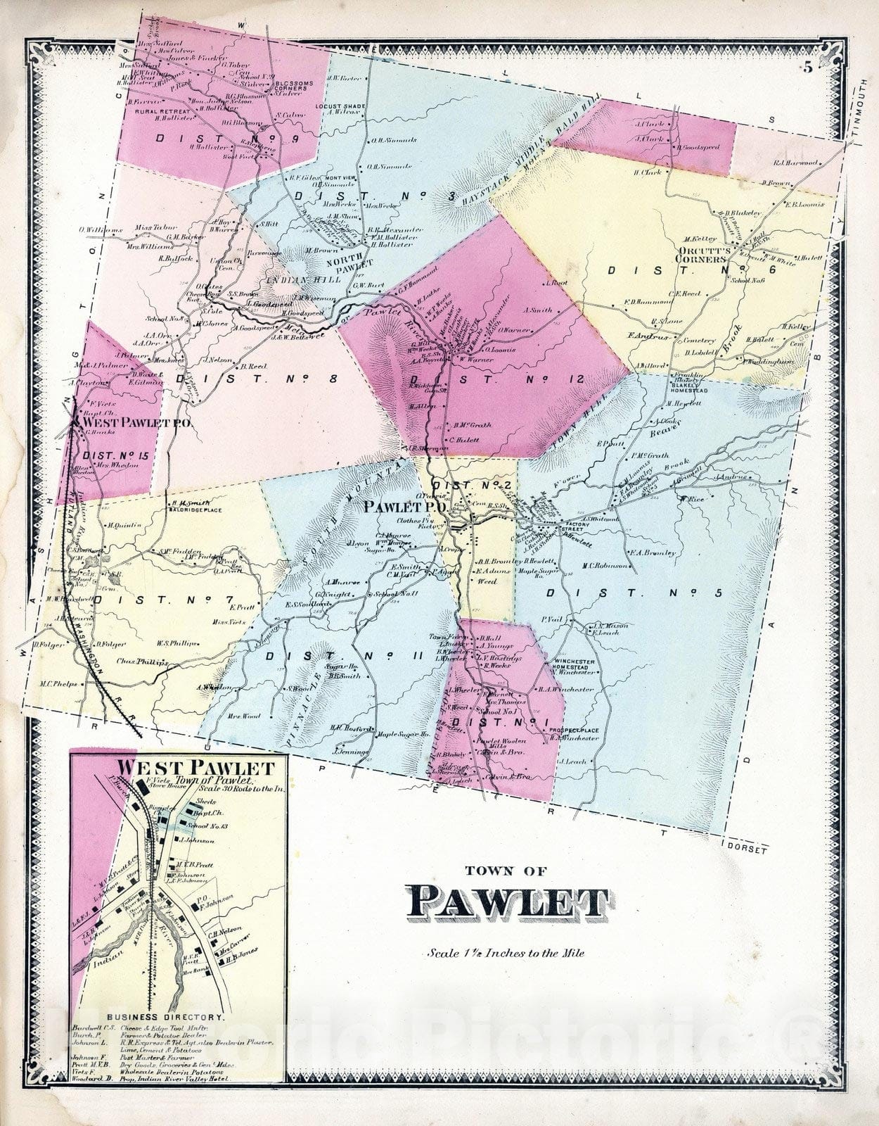 Historic Map : 1869 Pawlet, Rutland County, Vermont. West Pawlet. - Vintage Wall Art