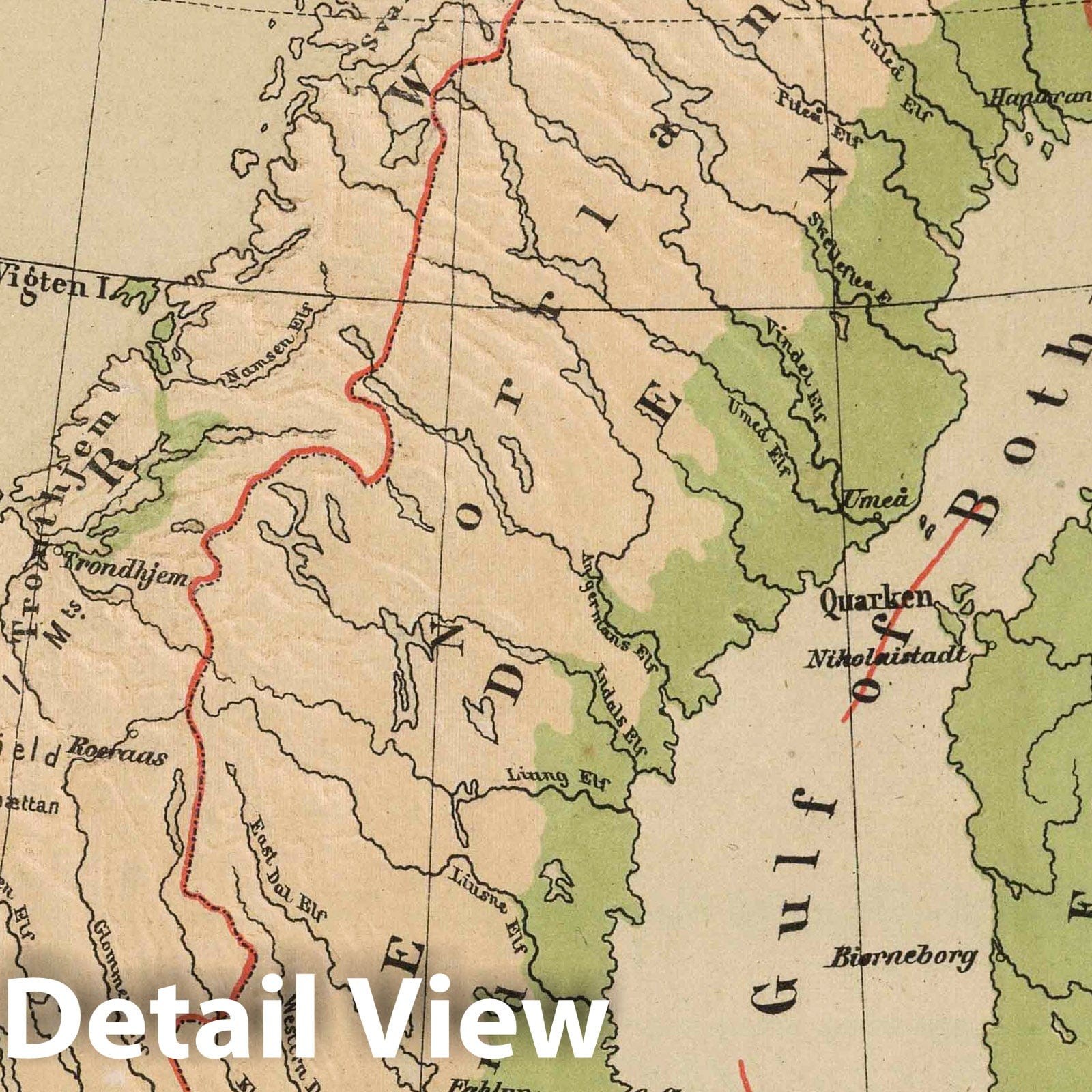 Scandinavia - Physical Map, 1880 - Historical Atlas Reproduction