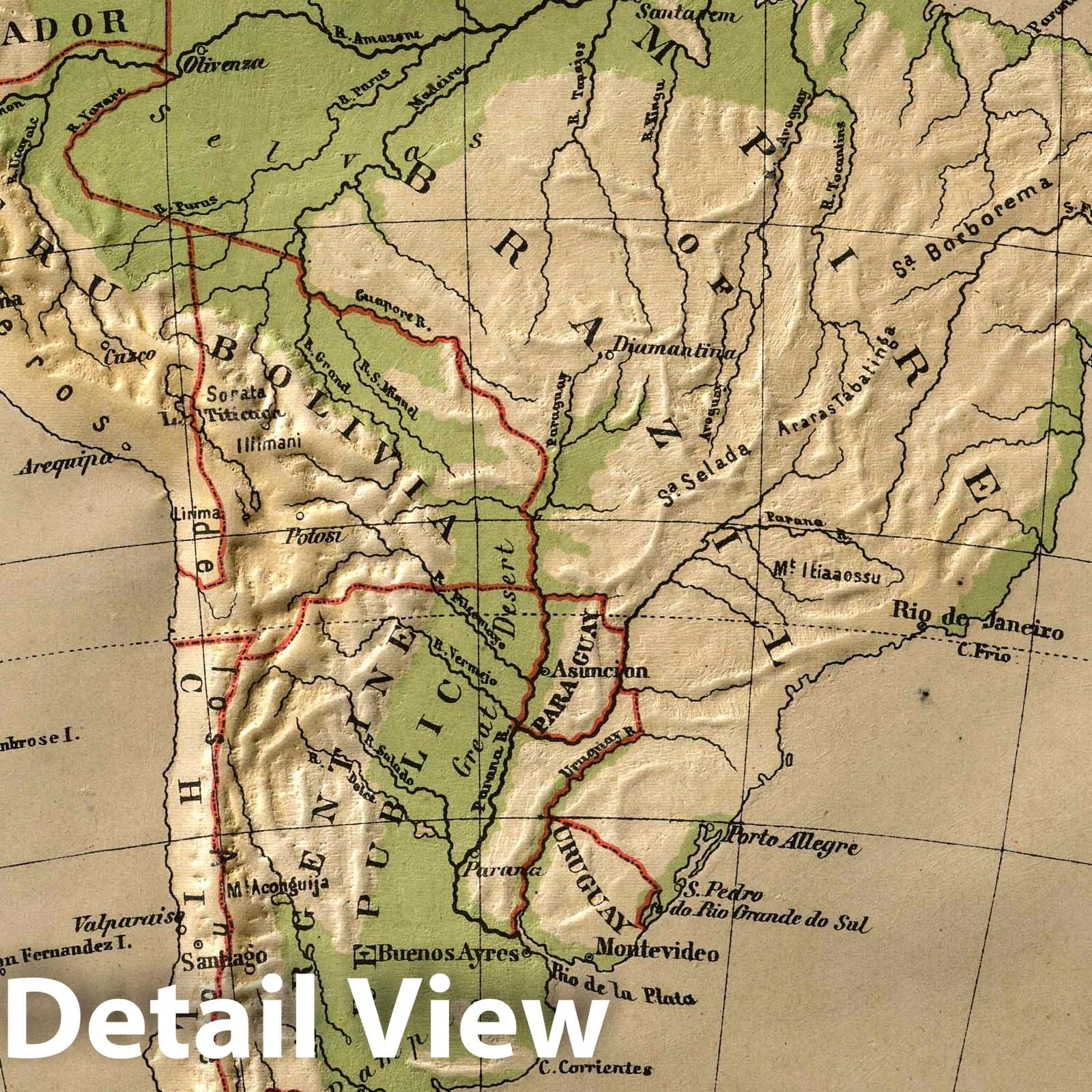 South America - Physical Map, 1880 - Historical Map Print