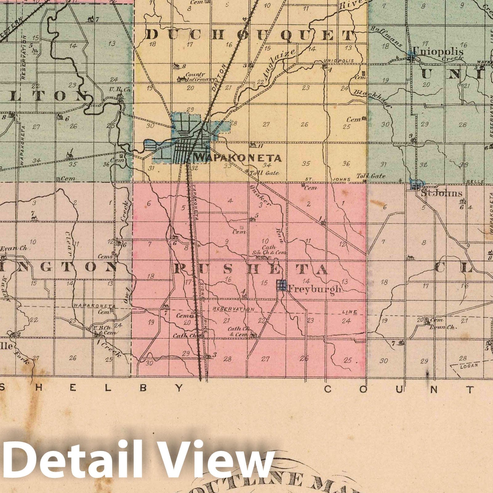 Historic Map : 1880 Outline Map of Auglaize County, Ohio. - Vintage Wall Art