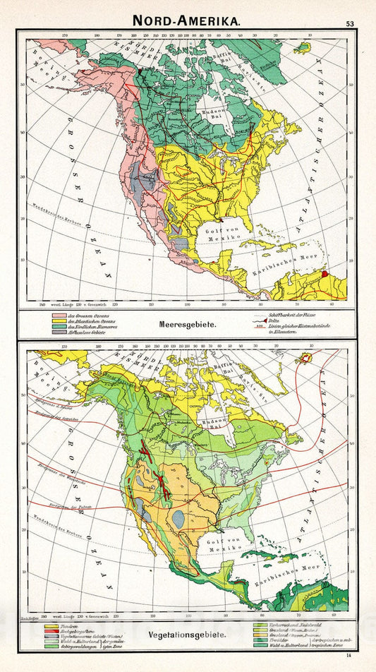 Historic Map : School Atlas - 1896 Nord-Amerika: Meersgebiete. Vegetationsgebiete - Vintage Wall Art