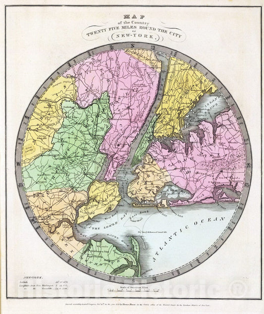 Historic Map : 1835 Map of the Country Twenty Five Miles Round The City Of New-York. - Vintage Wall Art