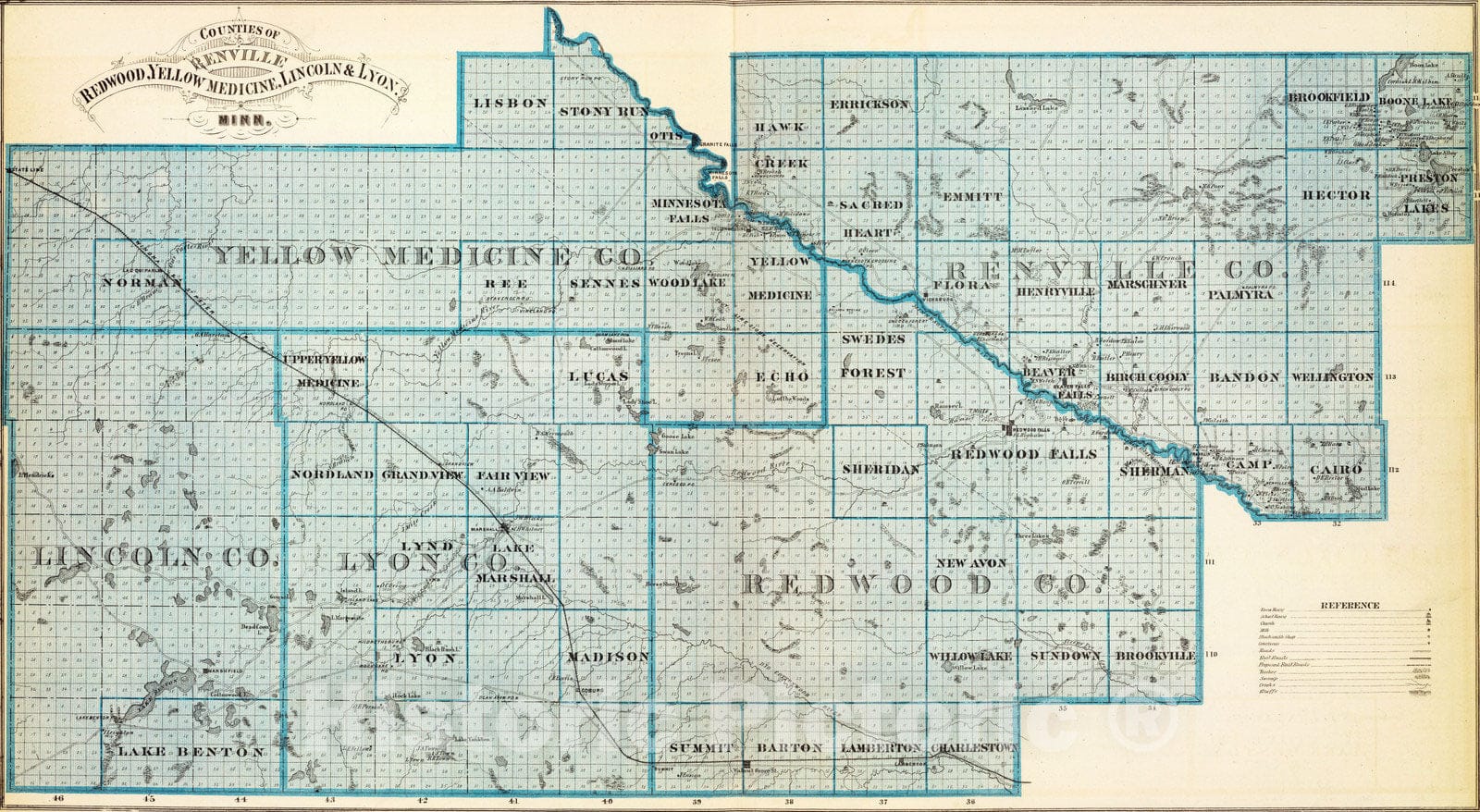 Historic Map : 1874 Counties of Renville, Redwood, Yellow Medicine, Lincoln & Lyon, Minn. - Vintage Wall Art