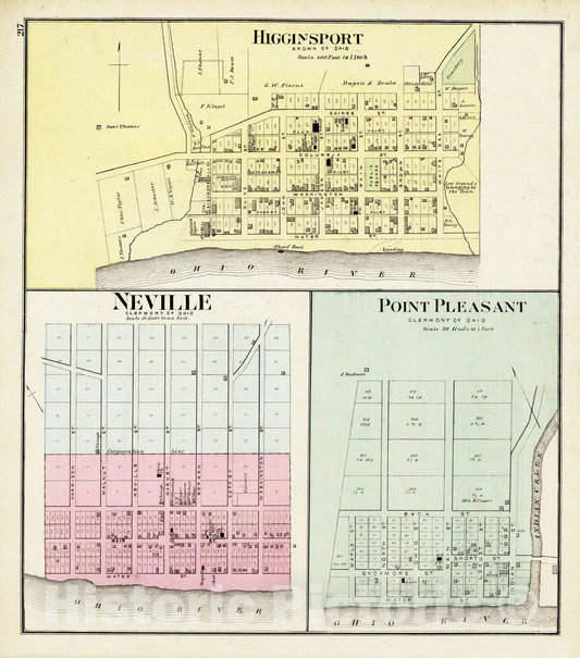 Historic Map : 1877 Higginsport, Brown Co, Ohio. (with) Neville, Point Pleasant, Ohio. - Vintage Wall Art