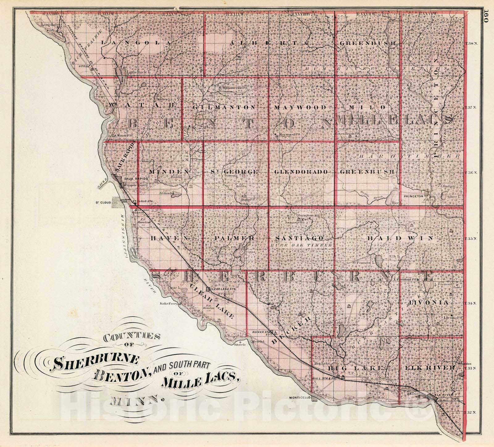 Historic Map : 1874 Counties of Sherburne, Benton, and south part of Mille Lacs, Minn. - Vintage Wall Art