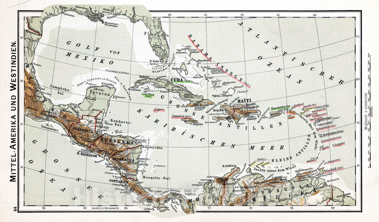 Historic Map : School Atlas - 1896 Mittel - Amerika und Westindien - Vintage Wall Art