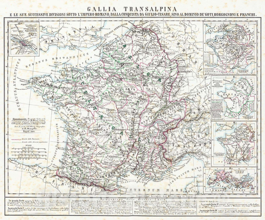Historic Map : France, Paris Region (France), Eastern Hemisphere 1851 Gallia Transalpina e le sue successive divisioni. , Vintage Wall Art