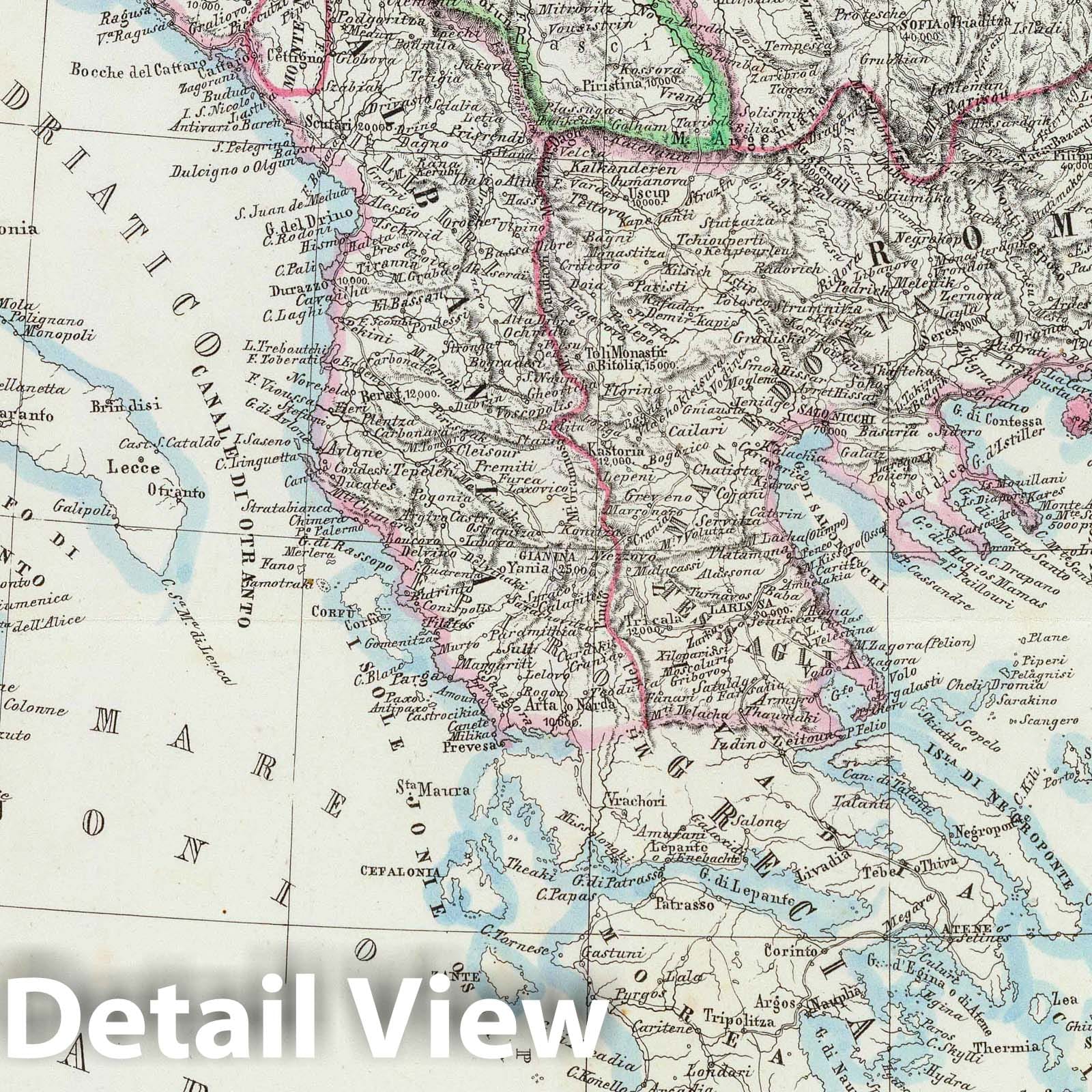 European Turkey with Serbia, Wallachia and Moldavia, 1850 - Historical Map Print