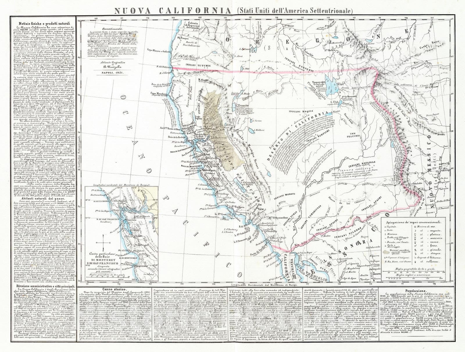 Historic Map : California, Northern 1851 Nuova California ; Baie di Monterey e di Francisco. , Vintage Wall Art