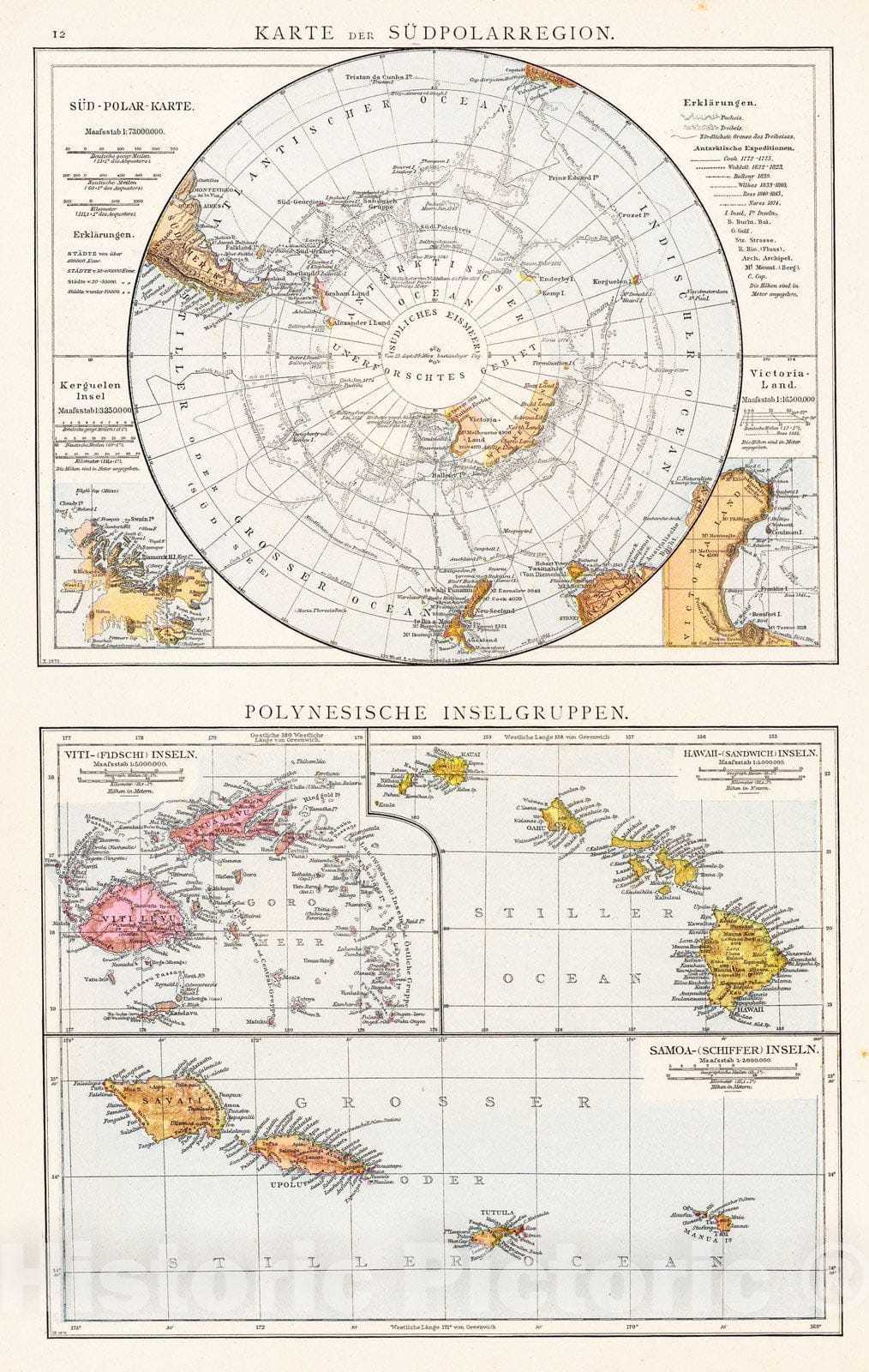 Historic Map : Fiji, Hawaii, Kerguelen Islands, Arctic; Pacific 1881 Sudpolarregion, Polynesische Inselgruppen. , Vintage Wall Art