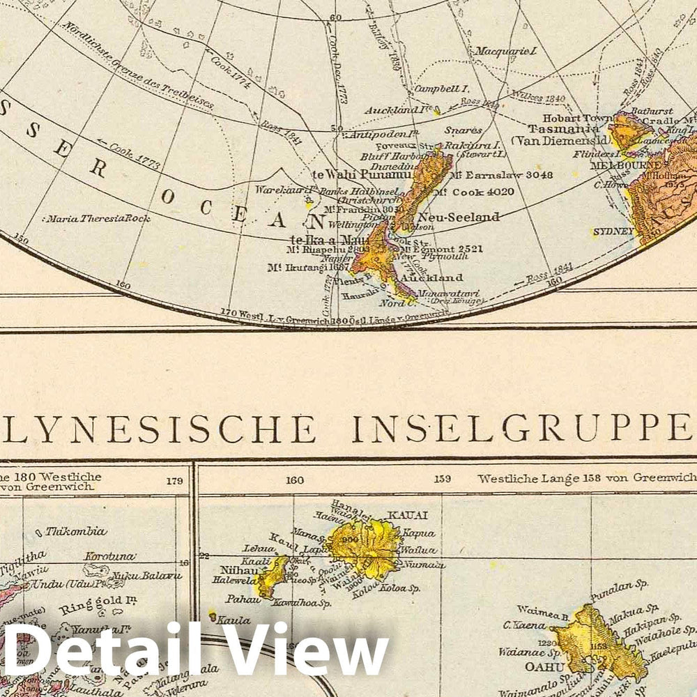 Historic Map : Fiji, Hawaii, Kerguelen Islands, Arctic; Pacific 1881 Sudpolarregion, Polynesische Inselgruppen. , Vintage Wall Art