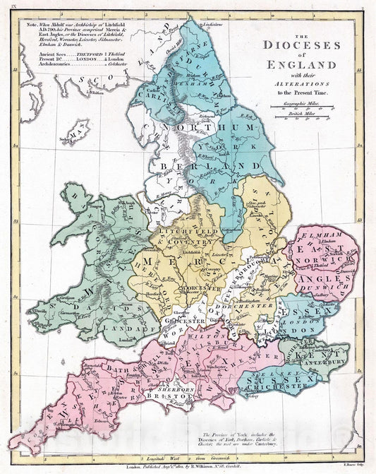 Historic Map : 1801 Dioceses of England. - Vintage Wall Art