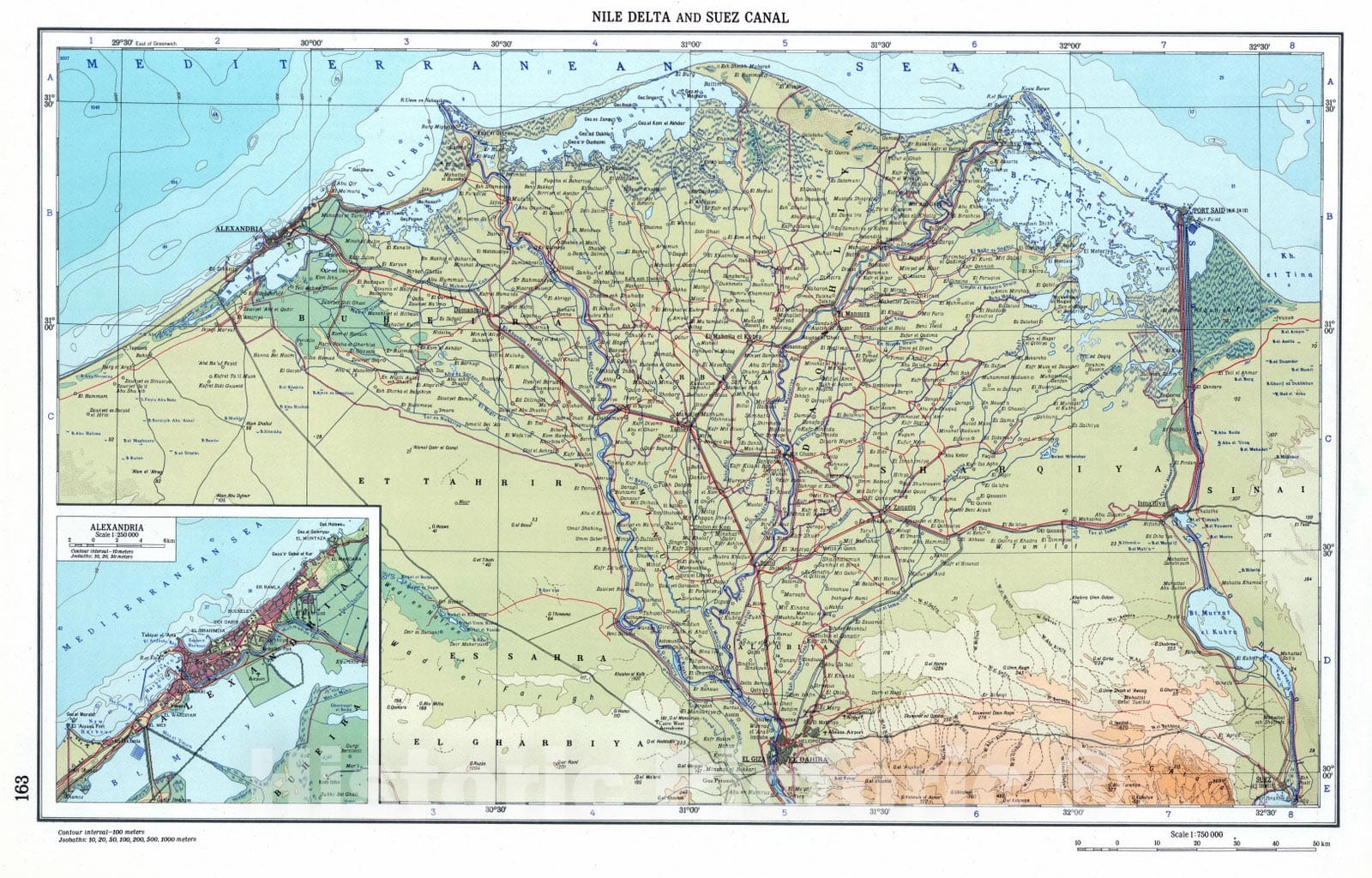 Historic Wall Map : 1967 163. Nile Delta, Suez Canal, Alexandria. The World Atlas. - Vintage Wall Art