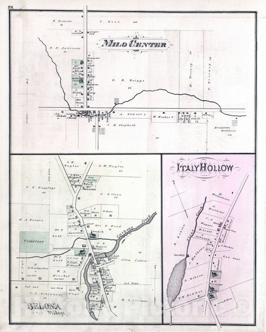 Historic Map : Milo Center (N.Y.), 1876 Milo Center. Belona Village. Italy Hollow, Yates County, New York. , Vintage Wall Art