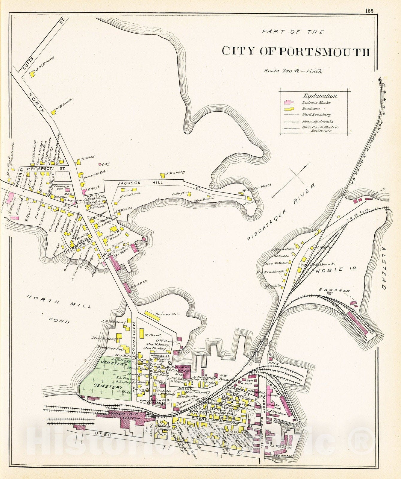 Portsmouth, New Hampshire - Road Map, 1892 - Hand-Colored Historical Atlas Print