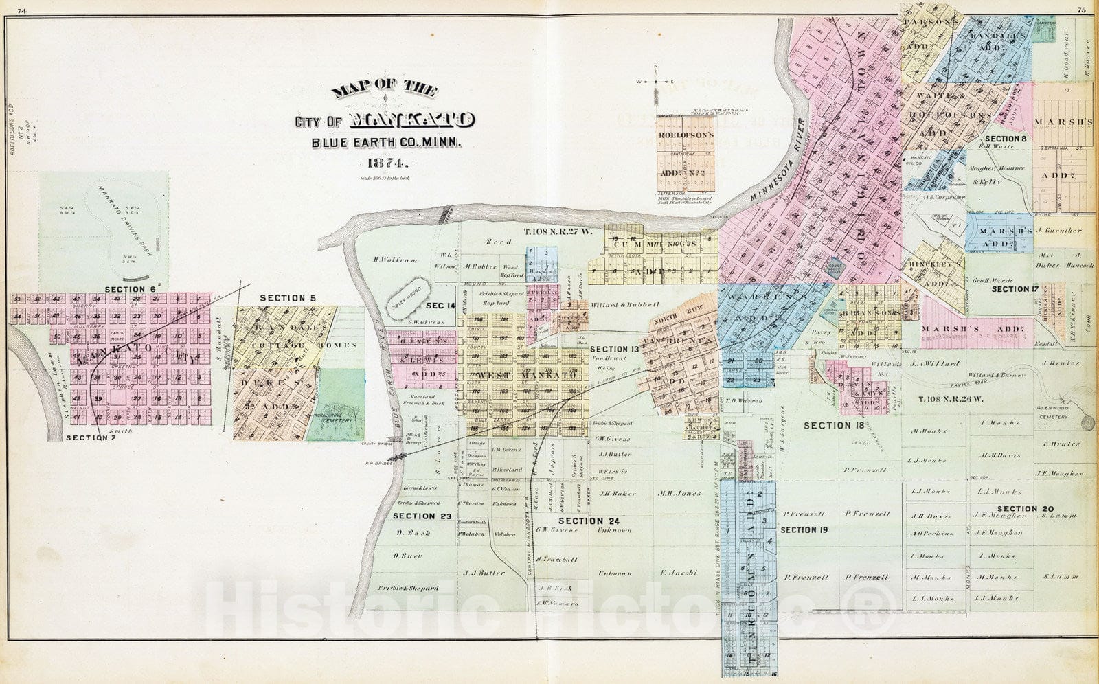 Historic Map : 1874 Map of the City of Mankato, Blue Earth Co, Minn. - Vintage Wall Art
