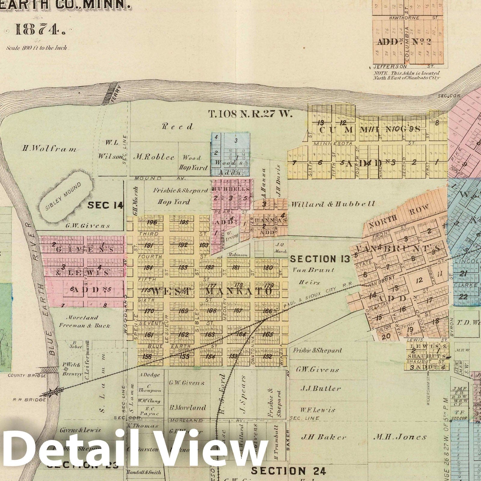 Mankato, Minnesota 1874 Historical Map Print