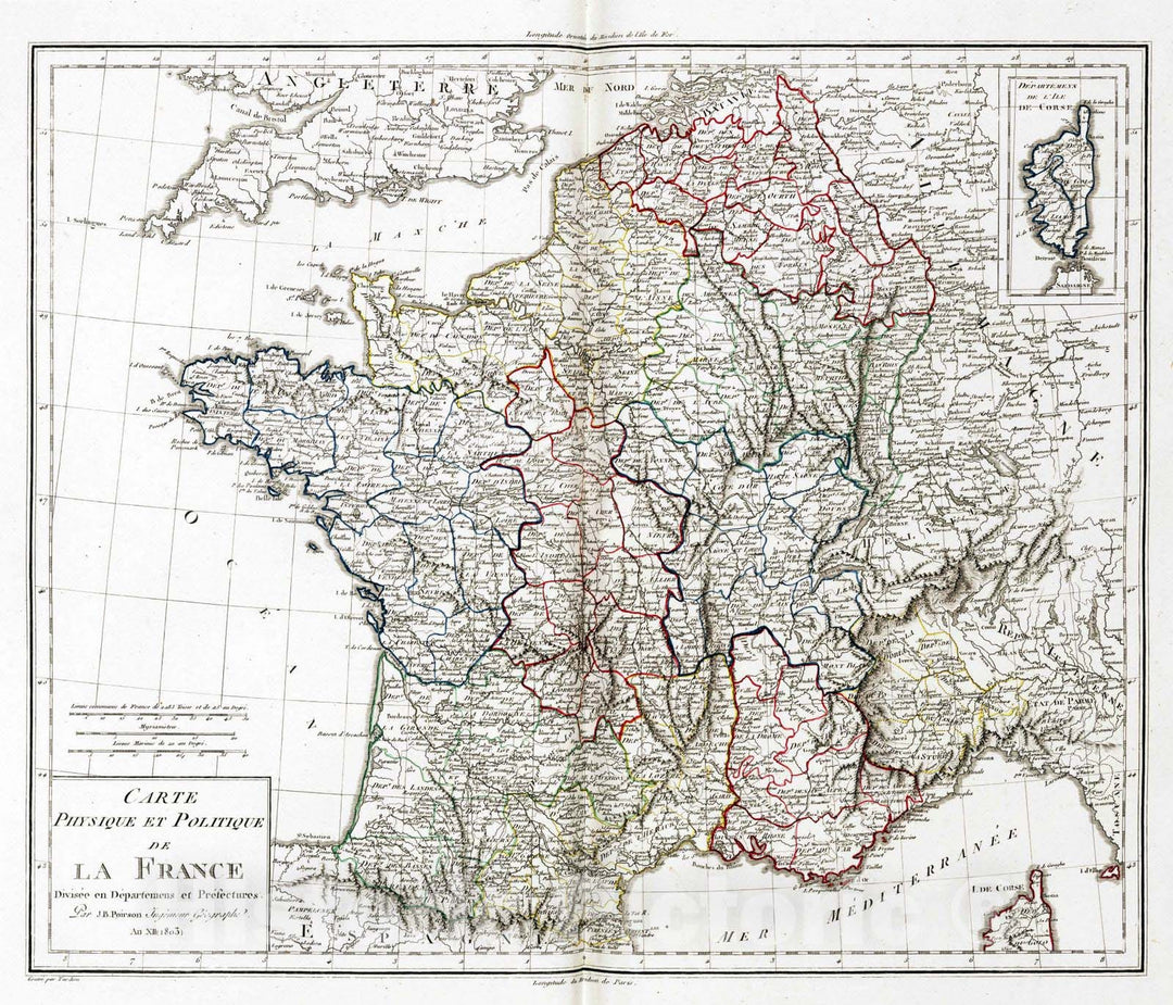 Historic Map : France, 1803 XVI. Carte Physique et Politique de la France. , Vintage Wall Art