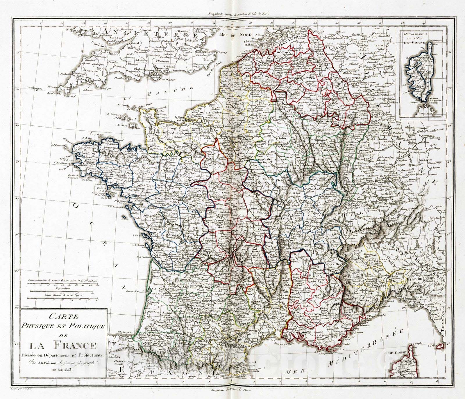 Historic Map : France, 1803 XVI. Carte Physique et Politique de la France. , Vintage Wall Art