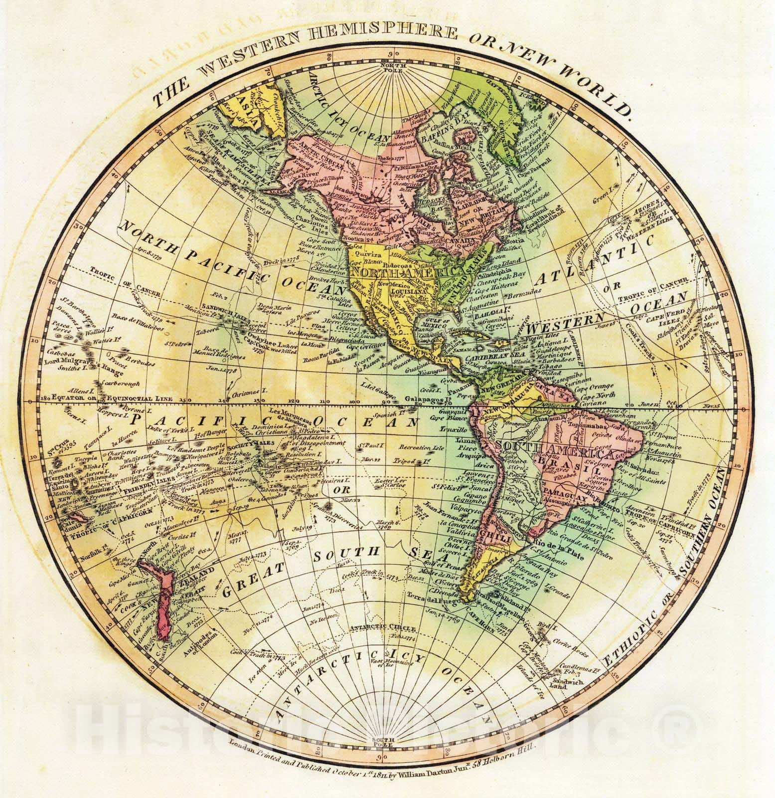 Historic Map : 1811 W. Hemisphere. - Vintage Wall Art