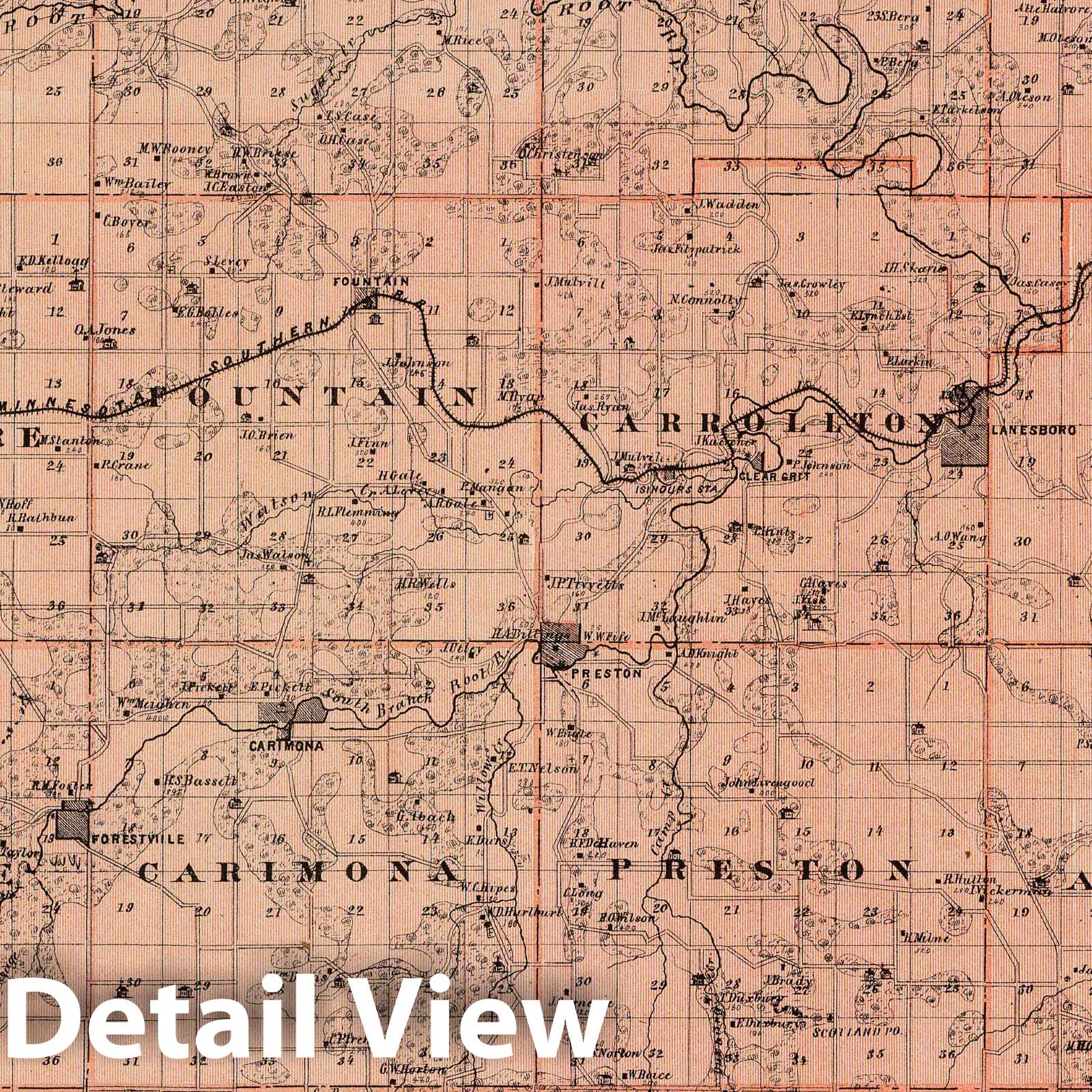 Fillmore County, Minnesota - Railroad Map, 1874 - Historical Map Print