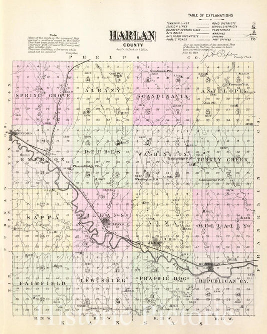 Harlan County, Nebraska - Railroad Map, 1885