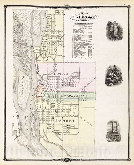 Historic Wall Map : 1878 City of La Crosse, county seat of La Crosse Co. - Vintage Wall Art
