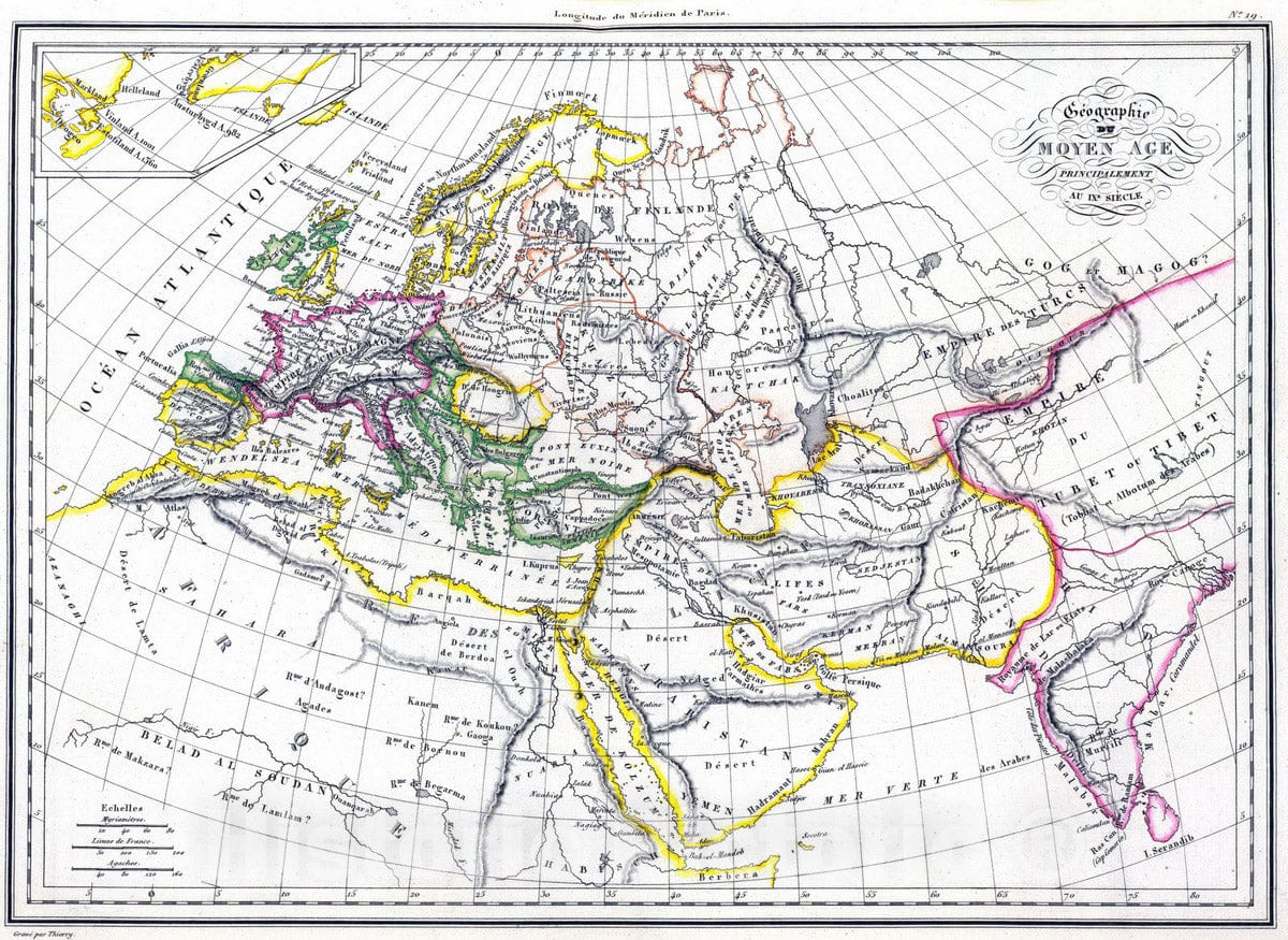Historic Map : North Africa, Europe 1837 Geographie du Moyen Age. , Vintage Wall Art