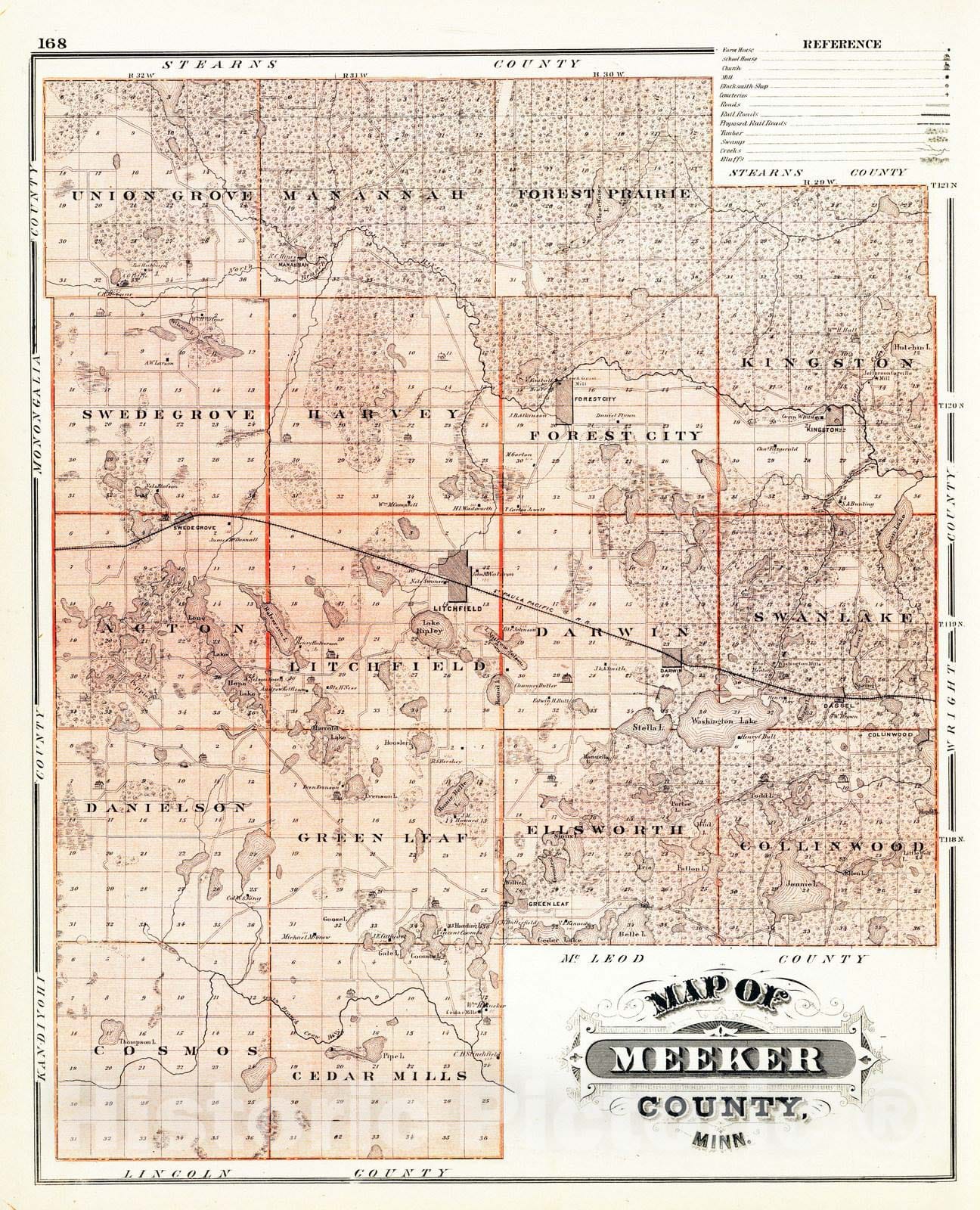 Historic Map : 1874 Map of Meeker County, Minn. - Vintage Wall Art