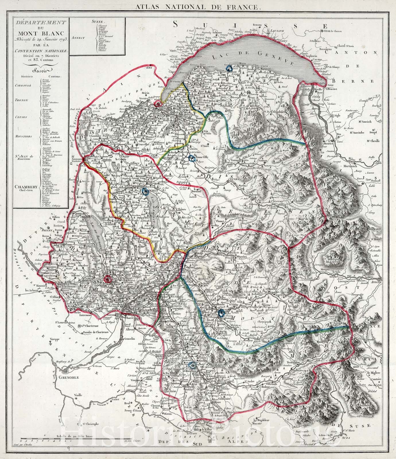 Historic Map : France, Blanc, Mont (France and Italy) 1763 Atlas National de France : Departement du Mont Blanc , Vintage Wall Art