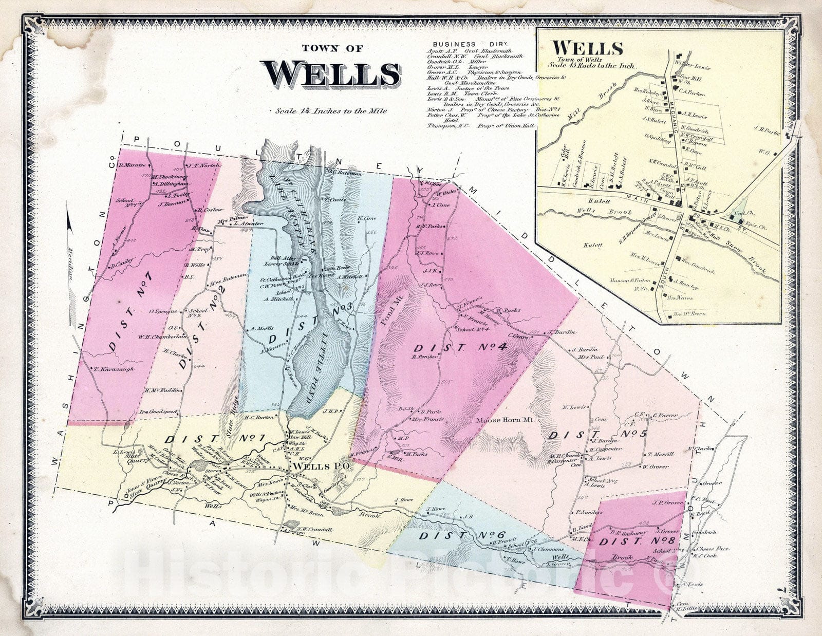 Historic Map : 1869 Wells, Rutland County, Vermont. Wells. - Vintage Wall Art