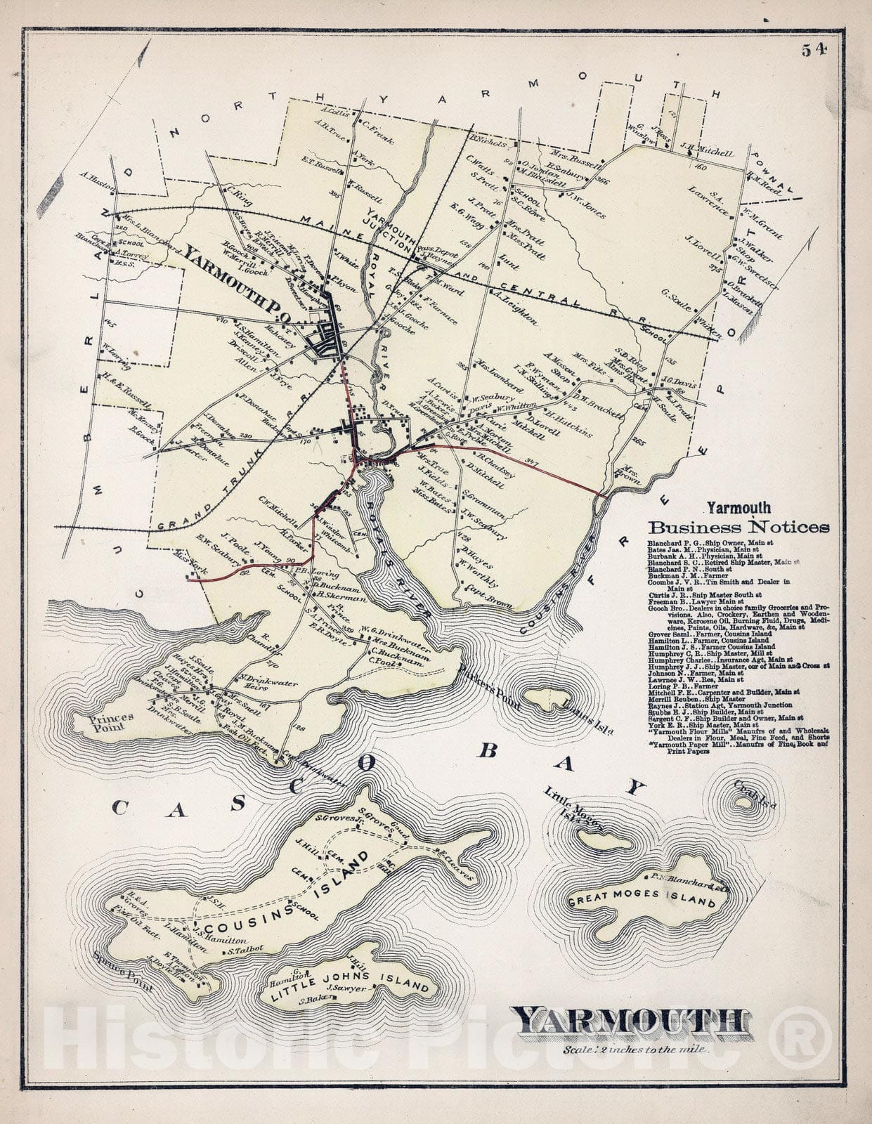 Historic Map : 1871 Yarmouth, Cumberland County, Maine. - Vintage Wall Art