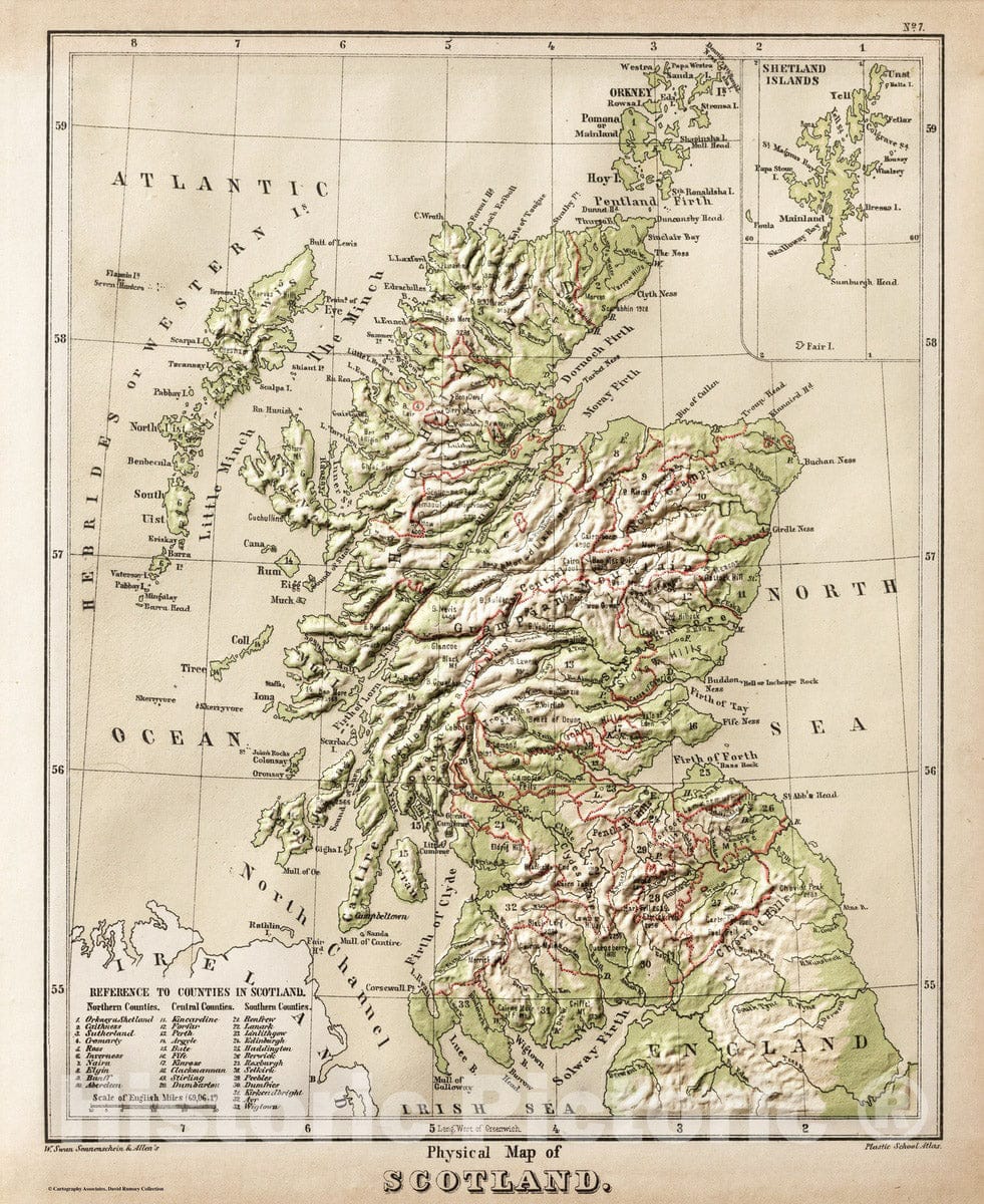 Historic Map : 1880 Physical Map of Scotland. v2 - Vintage Wall Art