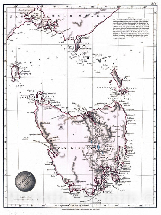 Historic Map : Australia, Tasmania Island 1825 Van Diemen's Land , Vintage Wall Art