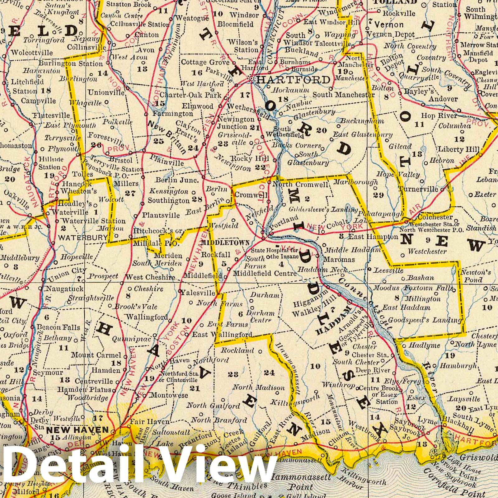Connecticut - Railroad Map, 1879 - Historical Map Print