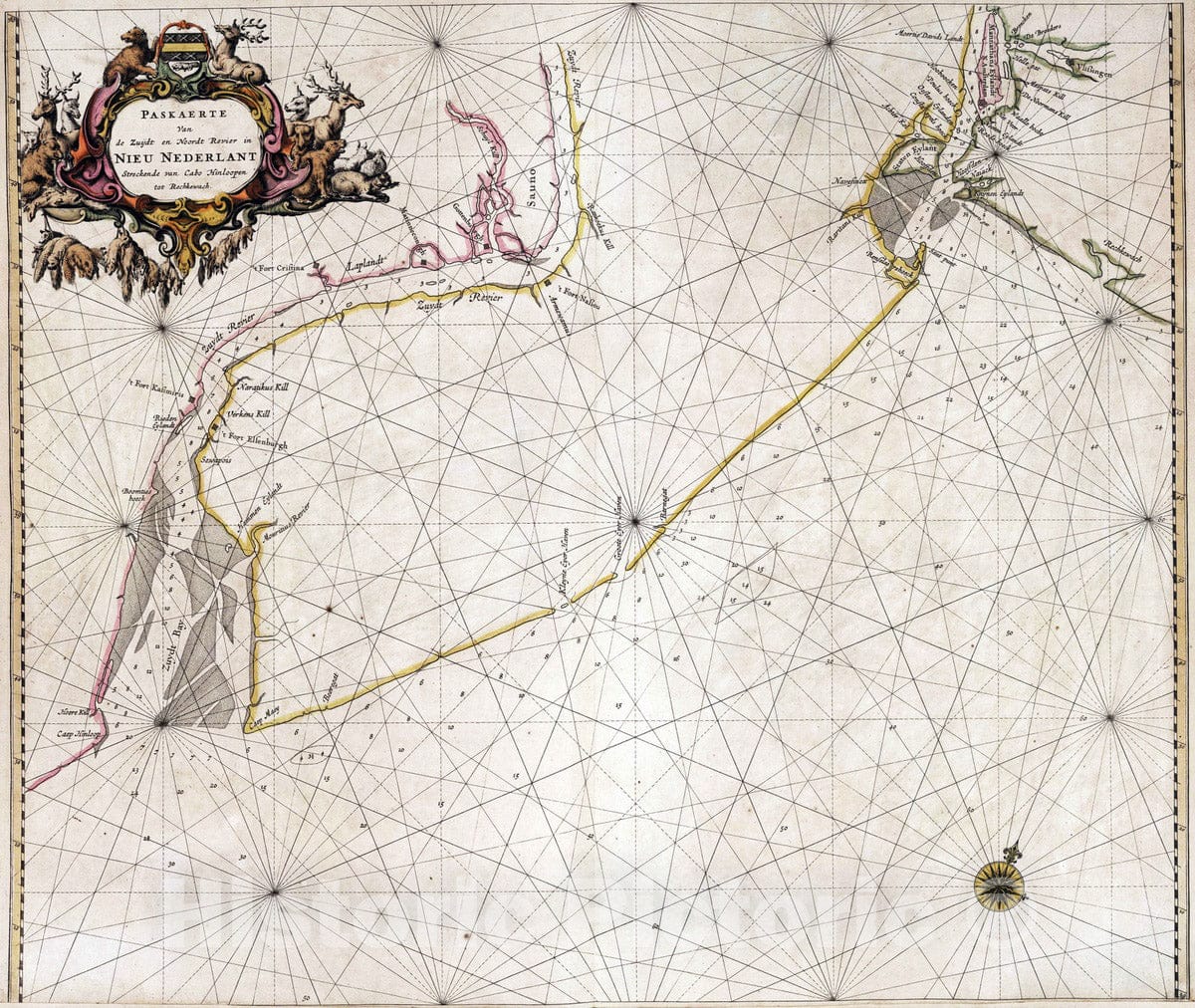 Historic Map : New Jersey, 1667 Paskaerte van de Zuydt en Noordt Rever in Nieu Nederlant. , Vintage Wall Art