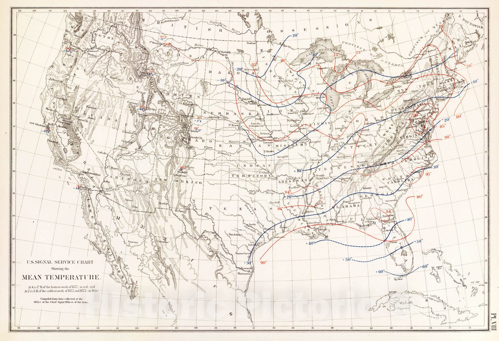 Historic Map : Statistical Atlas - 1874 Mean temperature US. - Vintage Wall Art